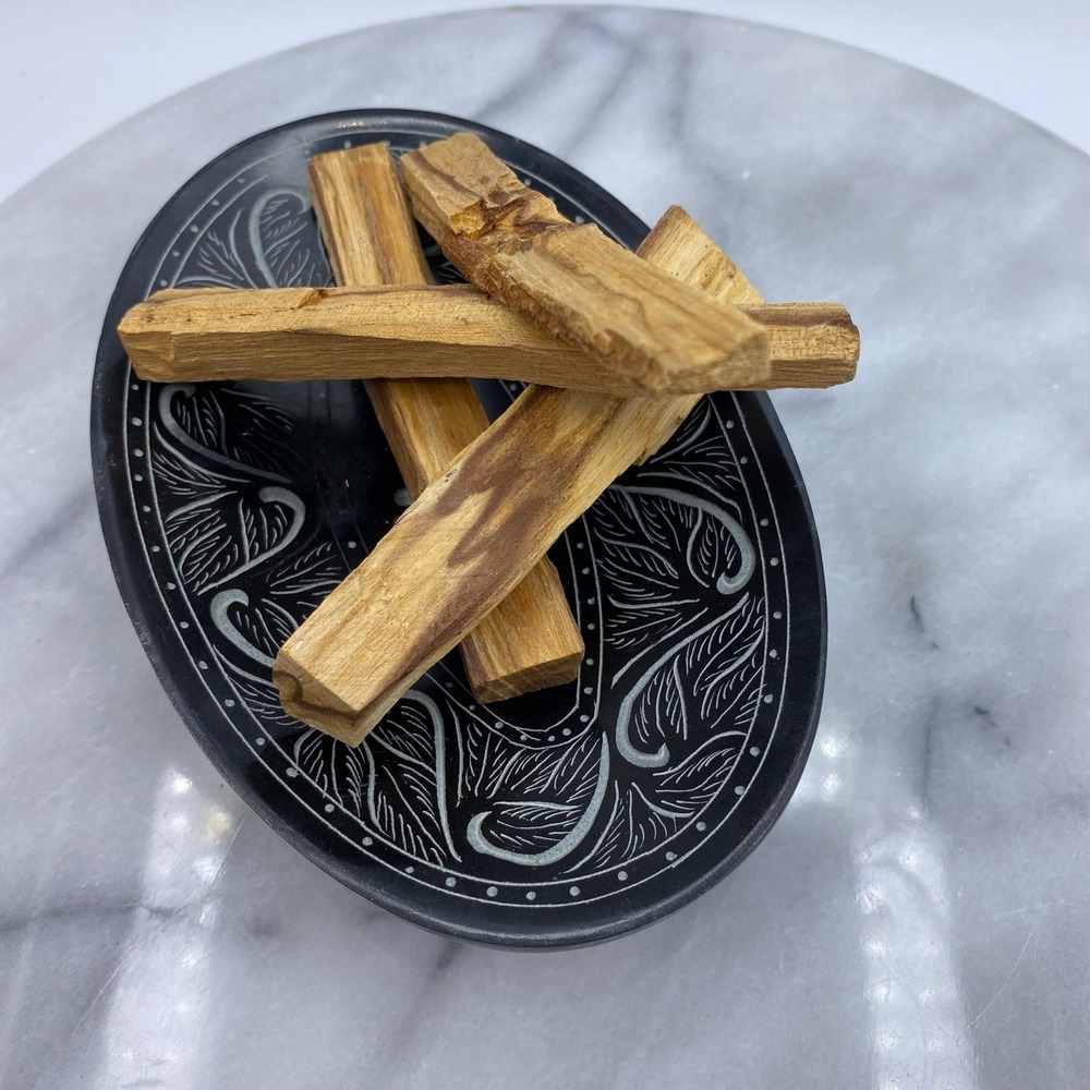 Soapstone Incense Burner Dish Black Etched Floral Smudge Trinket Dish With Wood